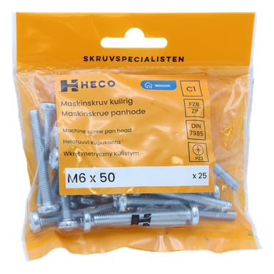 En genomskinlig plastpåse märkt "Heco" rymmer 25 MRX panhead-skruvar, var och en M6 x 50 mm stor. Den huvudsakligen orangea etiketten visar produktdetaljer i vit och svart text. Skruvarna syns genom den genomskinliga förpackningen.