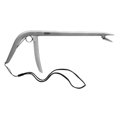 Szczypce Berkley Hook Remover mają uchwyt w stylu spustowym, szczękę chwytającą na końcu, wbudowany mechanizm sprężynowy oraz czarną paską na nadgarstek połączoną z uchwytem.