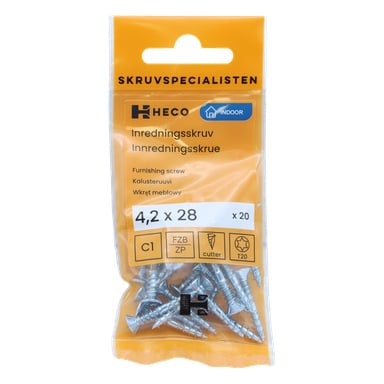 Ett genomskinligt plastpaket märkt "Heco Furniture screw 20 pack" rymmer 20 silverskruvar, var och en 4,2 x 28 mm, avsedda för möbelbruk. Produkt- och certifieringssymboler är tryckta på förpackningen.