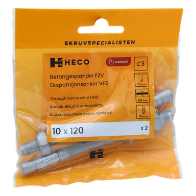 Två metallankare av Heco Concrete är förpackade tillsammans i en transparent påse med orange detaljer. Förpackningsetiketten visar storleken som 10 x 120 mm, noterar att det finns två ankare inuti och ger tekniska detaljer om produkten.