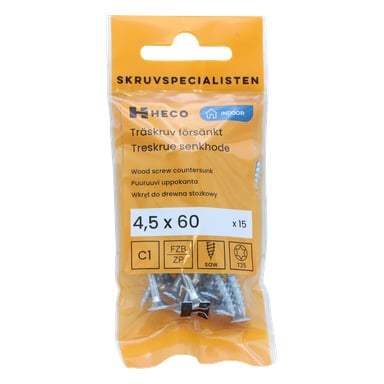 Ett gult Heco-paket innehåller ett 15-pack med sänkta träskruvar, storlek 4,5 x 60 mm. Förpackningen visar olika produktdetaljer och ikoner som anger skruvtyp, kompatibla verktyg och föreslagna användningsområden.