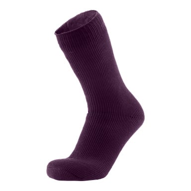 En enda Bluewear Women's termostrumpa, upprätt och gjord av mörklila resååd tyg.