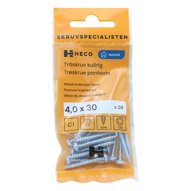 Ett paket med 20 Heco rundskruvade träskruvar, storlekarna 4,0 x 30 mm. Den orange och genomskinliga förpackningen visar skruvarna inuti, med text och produktinformation presenterad med symboler.