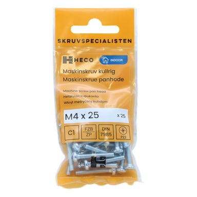 Ett orange Heco Machine skruv-MRX-paket innehållande 25 pan-huvudskruvar märkta M4 x 25 mm, med olika texter och tekniska specifikationer tryckta på förpackningen.