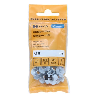 Kirkas muovipakkaus, jossa lukee "Heco Impact Nut 15 pack", sisältää 15 metallista iskumutteria. Etupuolella näkyy tuotteen yksityiskohdat, tekniset tiedot ja pieni läpinäkyvä ikkuna, joka paljastaa mutterit sisällä.