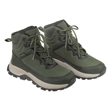 Ett par gröna och svarta Kayoba Outdoor Waterproof vandringskängor med tjocka ljusa sulor, svarta tåhattar, högt fotledsstöd och snören.