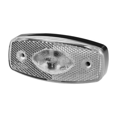 Rektangulær Hamron Position Light LED med en klar plastreflektor med teksturert, mønstret overflate og to skruehull. Midten fremhever et ovalt, linselignende område med konsentriske sirkler.