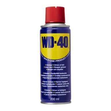 200 ml WD-40 Multipurpose -suihkepurkki, jossa on punainen korkki, jossa on tekstiä sen toiminnoista voitelussa, ruosteen poistossa, kosteuden siirtämisessä ja puhdistuksessa.