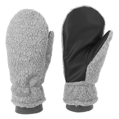 Ein Paar graue Kayoba Outdoor Pile Fäustlinge werden präsentiert, wobei einer seine weiche, flauschige Außenseite zeigt und der andere eine glatte schwarze Handfläche. Die Fäustlinge haben gerippte Manschetten an den Handgelenken.