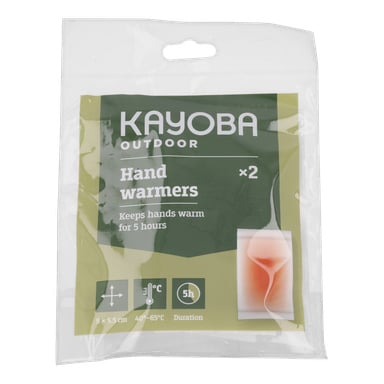 Ett förseglat paket med Kayoba Outdoor Disposable Hand and Foot Warmers 2 pack. Etiketten lyder: "2 st, 9x5,5 cm, upp till 5 timmars värme, temperaturintervall 40°C–65°C."