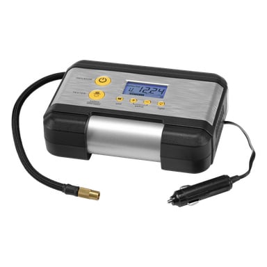 Hamron Compressor 4-in-1 on kompakti digitaalinen rengastäyttölaite, jossa on näyttö numeroille ja tekstille, useita keltaisia ohjausnappeja, musta letku, joka päättyy messinkiseen liittimeen, sekä kiinnitetty virtajohto, joka on suunniteltu liitettäväksi auton sytytinpistorasiaan.