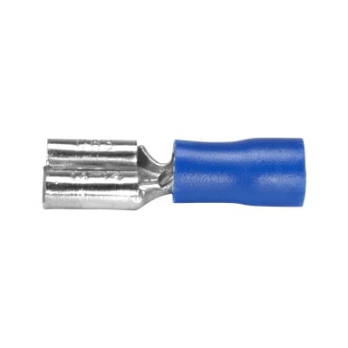 Zbliżenie na niebieskie złącze Hamron Cable z niebieskimi 10-packowymi izolowanymi złączami typu spade, prezentującymi błyszczący metalowy zacisk i trwałą niebieską plastikową izolację do przewodów elektrycznych.