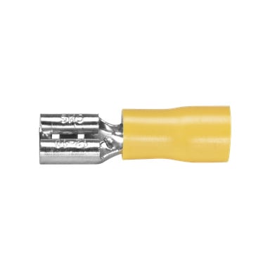 Zbliżenie żółtej rękawy Hamron Flat Pin z 10-packa, podkreślające izolowany końcówkę żeńską z metalowym końcem do mocowania do zacisków męskich w układach elektrycznych.