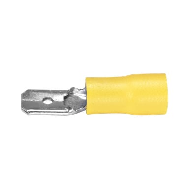 Zbliżenie złącza Hamron Flat pin 10-pack, żółto izolowanego łącznika spade, podkreślającego metalowy koniec otworem przeznaczonym do zabezpieczania połączeń elektrycznych.