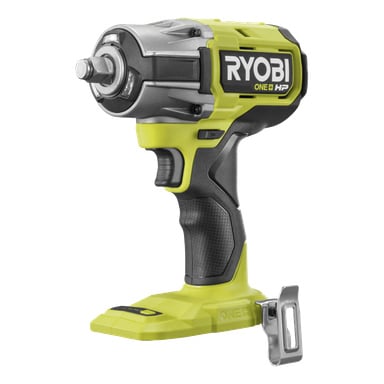 Ryobi One+ HP Impact Wrench RIW18X1-0, jossa on tunnistettava vihreä-musta muotoilu, seisoo pystyasennossa ilman akkua. Metallinen vyöklipsi on sijoitettu työkalun viereen.
