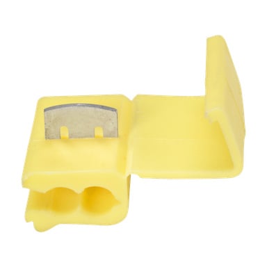 Żółty Hamron Quick Splice Connector wykonany z plastiku, wystawiony otwarty, by pokazać dwa szczeliny i metalowe ostrze w środku, jest dostępny w opakowaniu po 10 sztuk.