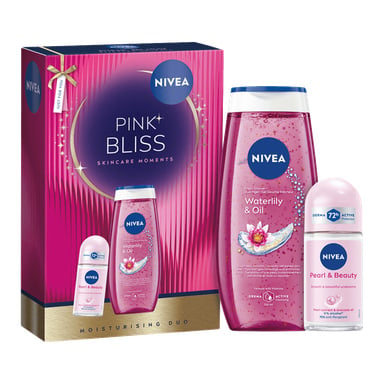 Nivea Pink Bliss presentset innehåller en 250 ml Waterlily & Oil duschgel och en 50 ml Pearl & Beauty roll-on deodorant, båda i rosa och lila förpackning med blommiga detaljer och NIVEA-logotypen visad.