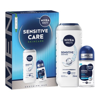Ett presentset från Nivea Sensitive Men innehåller en 250 ml Sensitive Soothing duschgel och en 50 ml Derma Control roll-on deodorant, visad med matchande blå och vit förpackning.