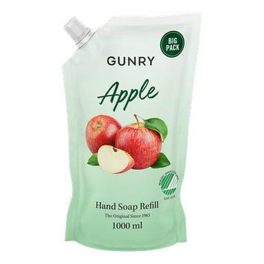 En 1000 ml påfyllningspåse med Gunry handtvål visas med hela och skurna äpplen på ljusgrön bakgrund. Förpackningen visar orden Big Pack och Hand Soap Refill.