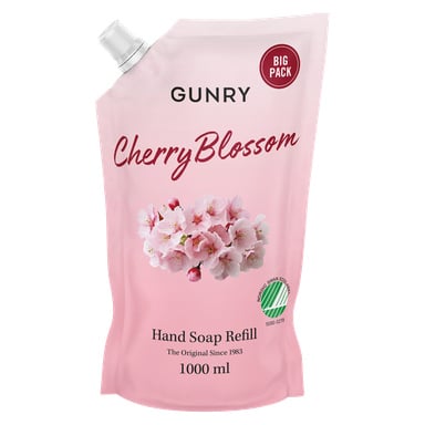 En 1000 ml rosa påse med Gunry Hand Soap Refill med körsbärsblommönster, märkt "Big Pack" och med en ekomärkning nere i högra hörnet.