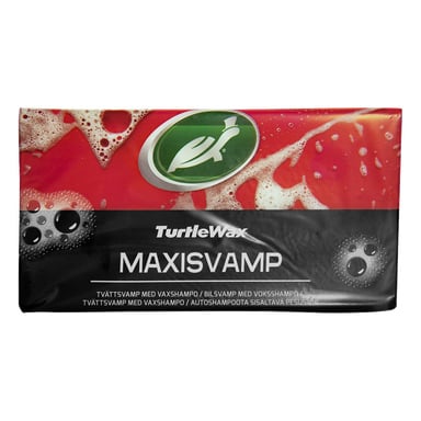 Ett paket med Turtle Wax Maxisvamp biltvättsvamp, med en grön och vit logga på rött, tvålbubblor och produktdetaljer.