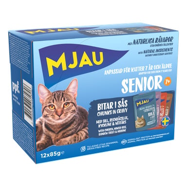 En blå låda med Mjau Wet Cat Food Multibox Senior 12-pack, med ett foto av en tabbykatt och texten: "bitar i sås med kyckling, nötkött och fisk för seniorkatter 7+".