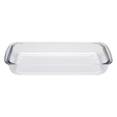 En ren, tom, transparent rektangulär ugnsform med rundade hörn och raka sidor från No brand.