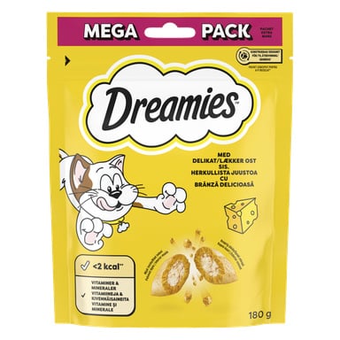Ett gult 180g Dreamies kattgodis Mega Pack visar en illustrerad katt som sträcker sig efter godis, med bilder av ost och godis på förpackningen. Paketet visar ostsmak, vitaminer, mineraler och kalorier.