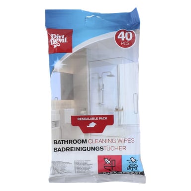 Ett återförslutningsbart paket som innehåller 40 badrumsrengöringsservetter. Förpackningen visar ett foto av ett badrum, ikoner som visar plastinnehåll och den citerade texten: "Rengöringsservetter för badrummet." Inget synligt märke.