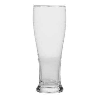 Kirkas, tyhjä Alpina-olutlasi Beer Glasses 6 Packista seisoo pystyasennossa, ja siinä on korkea muoto, jonka keskellä on lempeä kaarevuus ja tukeva, paksumpi pohja. Lasissa lukee "Alpina.".