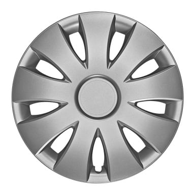 Hopeinen Hamron Wheel Side 1 Pack -pyöränsuojus, jossa on kymmenen ovaalinmuotoista aukkoa tasaisesti reunojen ympärille ja sileä pyöreä keskikohta, joka korostaa tasapainoista, modernia metallinhohtoista ilmettä.