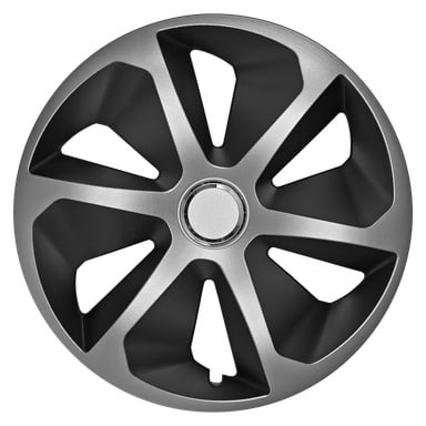 Hopeanvärinen ja musta Hamron Wheel Side 1 Pack -auton pyöränsuojus, jossa on kuusipuoinen kuvio, katsottuna ylhäältä. Vanteen keskiosassa on kiinteä pyöreä keskus.