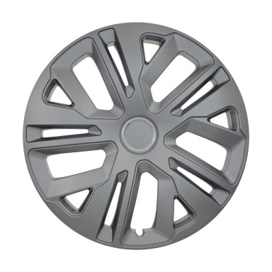 Yksittäinen Hamron Wheelin sivu 1 -paketti esittelee harmaan, pyöreän pyöränsuojan, jossa on geometrinen monipuolakuvio ja kulmikkaat pinnat, joissa on leikkauksia. Kannen keskiosa on kiinteä.