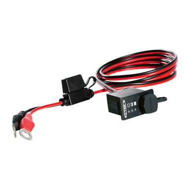 Musta-punainen CTEK Charge Panel Comfort Indicator -latauskaapeli, jossa on rengasliittimet toisella puolella ja liitin toisella, varustettu merkkivaloilla ja suojakannella, suunniteltu akun lataamiseen tai huoltoon.