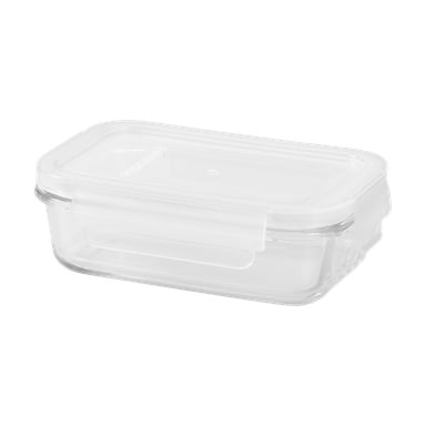 En tom, rektangulär glaslåda från Menuett Food med genomskinligt plastlock och sidolås visas.