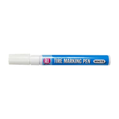 Sininen sylinterimäinen rengaskynä valkoisella korkilla, jossa lukee "Tire Marking Pen WHITE" ja vasemmalla puolella "All Ride" -logo.