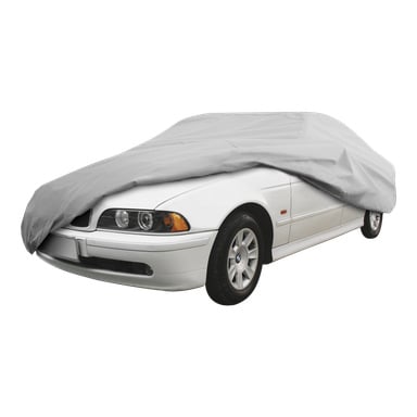 Harmaa Hamron Car -suojus on aseteltu valkoisen auton päälle, paljastaen etuosan näkyvillä ajovaloilla, jäähdyttimen säleikköllä ja etupyörillä.
