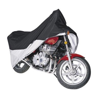Punainen moottoripyörä on osittain piilossa mustan ja harmaan Kayoba Motorbike -suojan alla, etupyörä, ajovalo ja moottoriosa paljaana, kun loput pysyvät piilossa.