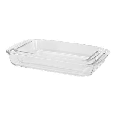 Två rektangulära klara glas-ugnsredskap i Menuett Ovenware 2 bitar staplade inuti varandra.