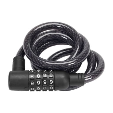 En Kayoba wirelock med en spiralet svart kabel og en sylindrisk kombinasjonsskive satt til 7-7-7-7.