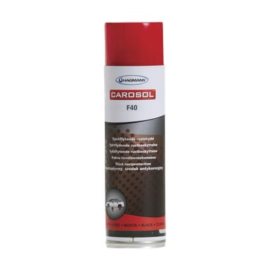 Puszka Hagmans Rust Inhibitor Carosol F40 z czarnym nadwoziem i czerwoną nakrętką, z detalami produktu i zdjęciem małego vana z przodu.