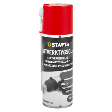 En 200 milliliters burk Starta Pneumatic Tool Spray med röd och vit design, märkt för olika användningsområden och utrustad med ett litet sugrör fäst för exakt sprutning.