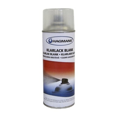 En boks Hagmans Varnish med blank finish og klar lakkspray, toppet med en gjennomsiktig hette og med en etikett dekorert med blå og røde gradienter, med tekst på flere språk.