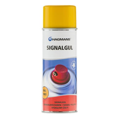 En Hagmans-sprayburk med gul lock, med texten SIGNALGUL, RAL 1003 och SIGNALGUL SIGNAALIKELTAINEN • SIGNAL YELLOW SYGNAŁOWY ŻÓŁTY på etiketten.