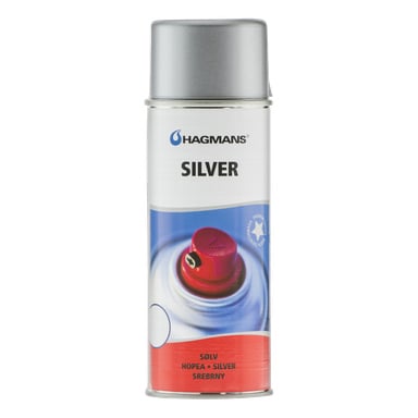 En Hagmans silverfärgssprayburk med ett rött munstycke, märkt SILVER och SILVER HOPEA • SILVER SREBRNY.