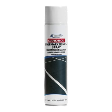 Valkoinen Hagmans Line -merkintäspray näyttää tuotetiedot ja kuvan kirkkaan valkoisesta viivasta, joka on maalattu tummalle asfaltille juuri merkin alle.