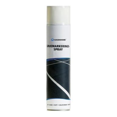 Hagmansin viivamerkintäsuihkepullo, jossa lukee LINJEMARKERINGS-SPRAY ja VIT • HVID • HVIT • VALKOINEN • VALKOINEN.