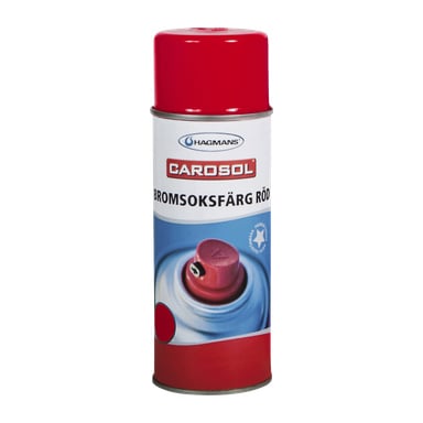 En burk Hagmans Brake Caliber Paint med röd lock och blå etikett, med produktnamnet "BROMSOKSFÄRG RÖD", en närbild av det röda spraymunstycket och en återvinningssymbol.