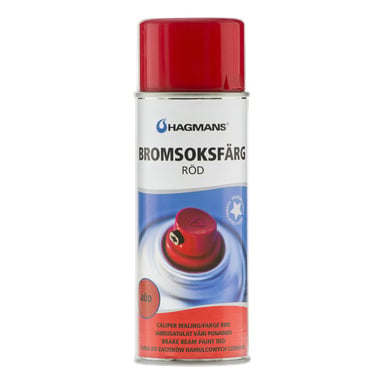 En sprayburk med Hagmans bromsoksfärg märkt BROMSOKSFÄRG RÖD med en stjärnikon och produktbeskrivningar.