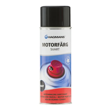 Hagmans sprayburk för motorfärg med svart lock och rött munstycke, märkt MOTORFÄRG SVART och MOTOR PAINT BLACK.